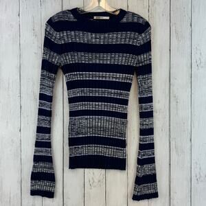Becken Blue/Grey Striped Ribbed Crewneck Flare Long Sleeve Sweater Size XS